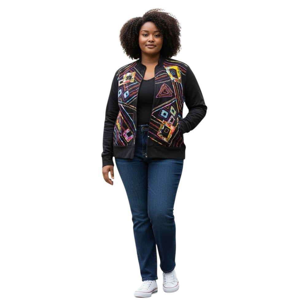 Vtg Women's size 2X Embroidered Patchwork Art to Wear Dopamine Full Zip Jacket‎